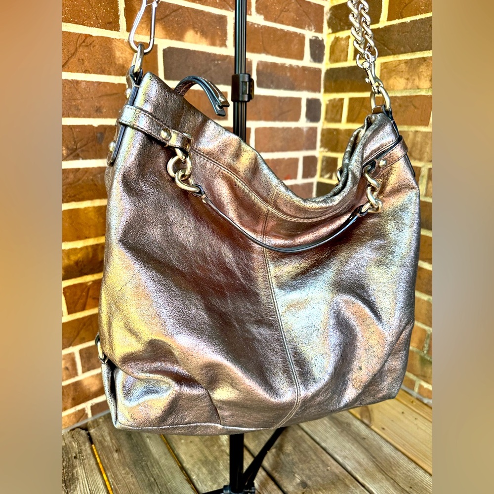 Coach Large Vintage Metallic Gunmetal Purse / Shoulder Bag - Satin - Chainlinks